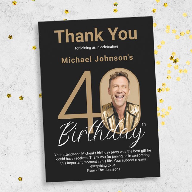 Elegant Black Guld 40:e födelsedagen Tack Kort (Elegant Black Gold 40th Birthday Thank You Card)