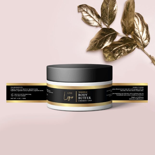 Elegant Black & Guld 4 OZ 120 ml kosmetisk Burk-et Etikettband (Black and gold cosmetic jar wrap around label with space for your logo)