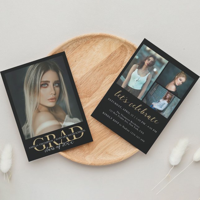 Elegant Black Guld 4 Photo Studentfest Inbjudningar (Skapare uppladdad)