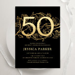 Elegant Black Guld 50:e födelsedagen Inbjudningar<br><div class="desc">Elegant svart guld 50 födelsedagsfest inbjudan. Anpassadets moderna femininindesign med ro botaniska accenter och faux glitter guld. Enkel perfekt för inbjudan-kort i blommigt för en snyggt kvinnlig dag firande. Anpassa med dina egna detaljer. Skrivna Zazzle-inbjudningar eller digital utskrivbar mall för omedelbar nedladdning.</div>