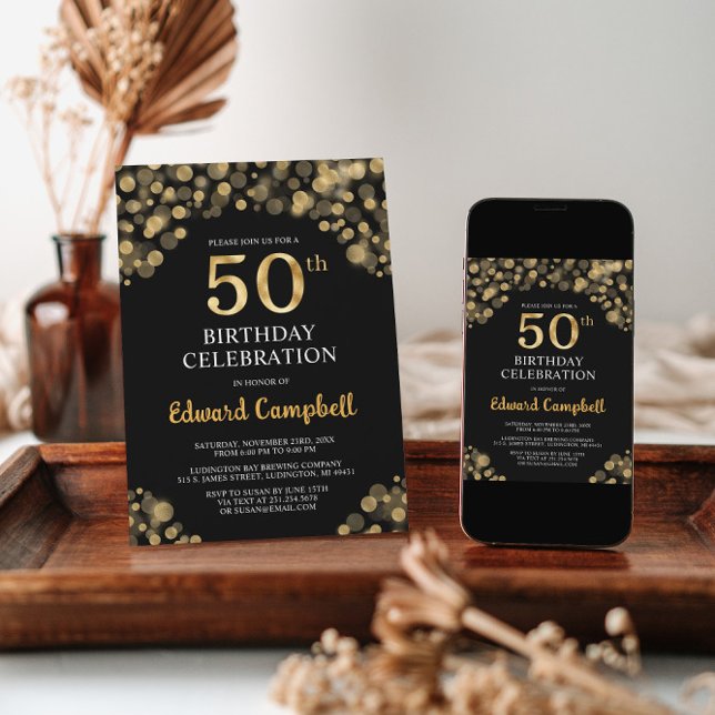 Elegant Black & Guld 50:e födelsedagsinbjudan Inbjudningar (Skapare uppladdad)