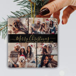Elegant Black Guld 5 Photo Collage jul Julgransprydnad Keramik<br><div class="desc">Elegant Modern Script Black och Guld 5 Photo Collage God jul Script Helgdag Ceramic Ornament. Med minimalistisk fem (5) fotokollage-mall, en söt rutnätssortering och "God jul" som säger! Texten "God jul" hälsning är skriven i ett vackert handskript med en vit, snabb, snabb, svan-typsnitt i guld på svart bakgrund i färg....</div>