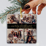 Elegant Black Guld 5 Photo Collage jul Julgransprydnad Keramik<br><div class="desc">Modern enkel Elegant, svart och Guld 5 Photo Collage God jul Script Helgdag Ceramic Ornament. Med minimalistisk fem (5) fotokollage-mall, en söt rutnätssortering och "God jul"-text! Texten "God jul" hälsning är skriven i ett vackert handskript med en vit, snabb, snabb, svan-typsnitt i guld på svart bakgrund i färg. På baksidan...</div>