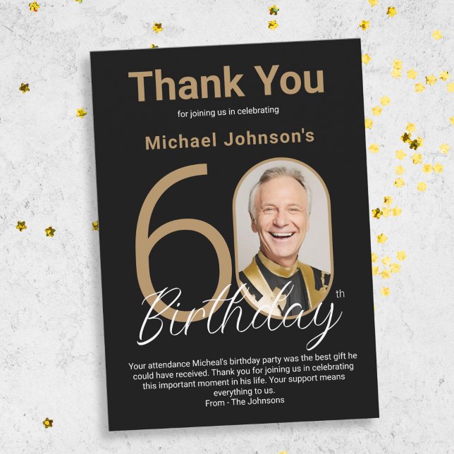 Elegant Black Guld 60:e födelsedagen Tack Kort (Elegant Black Gold 60th Birthday Thank You Card)