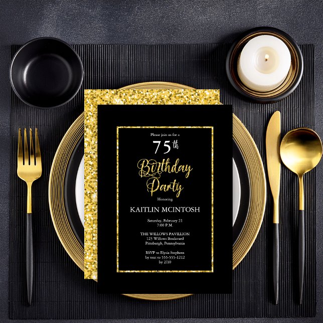 Elegant Black Guld 75:e Födelsedagsfest Inbjudningar (Elegant Black and Faux Gold Butterflies 75th Birthday Party  Party Invitation - Print | Digital )