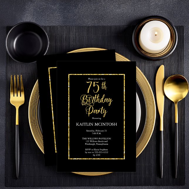 Elegant Black Guld 75:e Födelsedagsfest Inbjudningar (Elegant Black and Faux Gold Butterflies 75th Birthday Party  Party Invitation - Print | Digital)