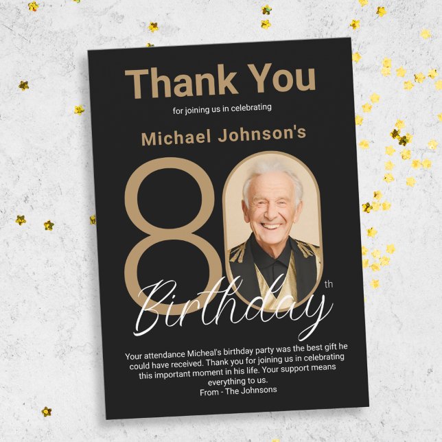 Elegant Black Guld 80:e födelsedagen Tack Kort (Elegant Black Gold 80th Birthday Thank You Card)