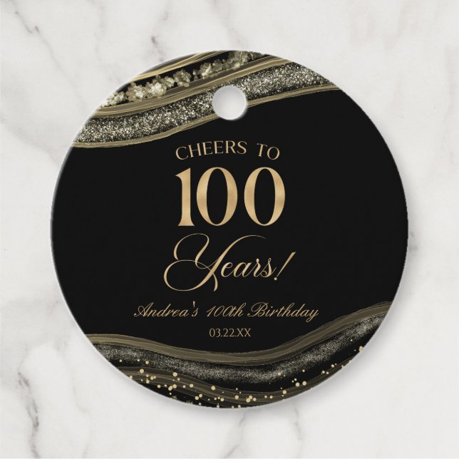 Elegant Black Guld Agate 100:e Födelsedagsfesten Gåvor Etiketter (Framsida)