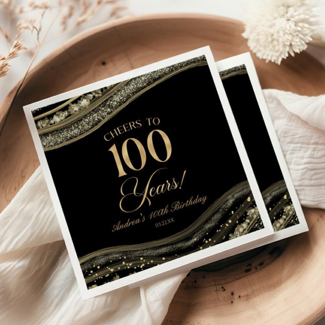Elegant Black Guld Agate 100:e Födelsedagsfesten Pappersservett (Skapare uppladdad)