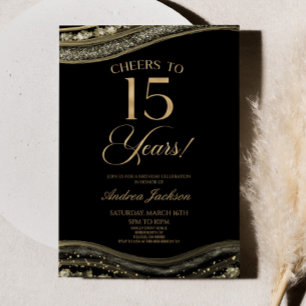 Elegant Black Guld Agate 15:e Födelsedagsfesten Inbjudningar
