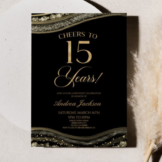 Elegant Black Guld Agate 15:e Födelsedagsfesten Inbjudningar (Skapare uppladdad)