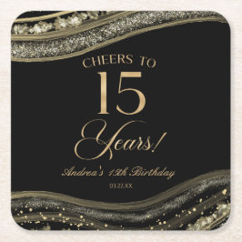Elegant Black Guld Agate 15:e Födelsedagsfesten Underlägg Papper Kvadrat