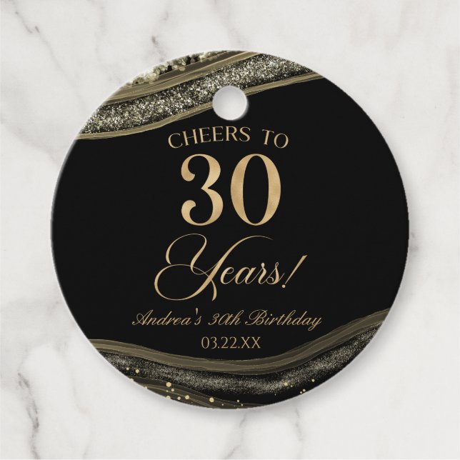 Elegant Black Guld Agate 30års födelsedag Party Gåvor Etiketter (Framsida)