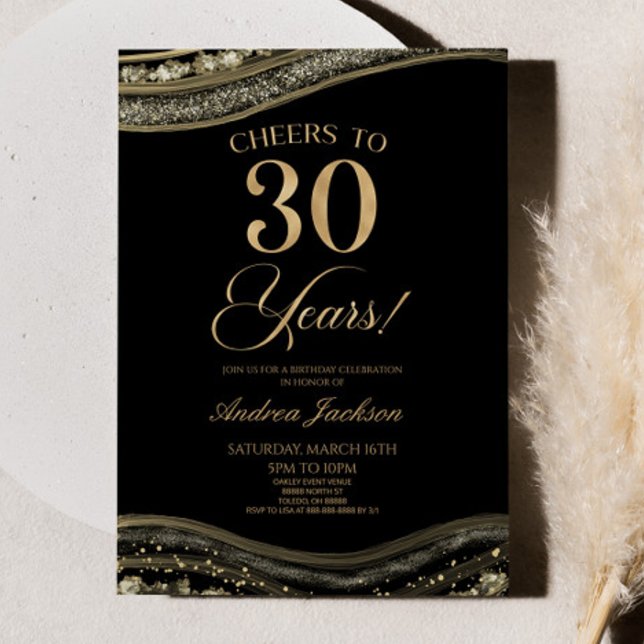 Elegant Black Guld Agate 30års födelsedag Party Inbjudningar (Skapare uppladdad)