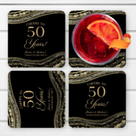 Elegant Black Guld Agate 50-årsdagen Party Underlägg Papper Kvadrat