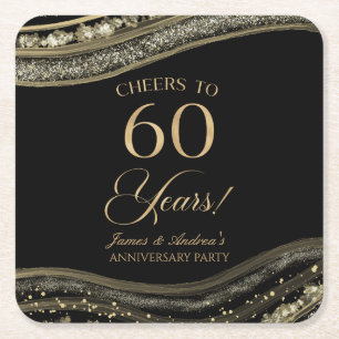 Elegant Black Guld Agate 60-årsdagen Party Underlägg Papper Kvadrat