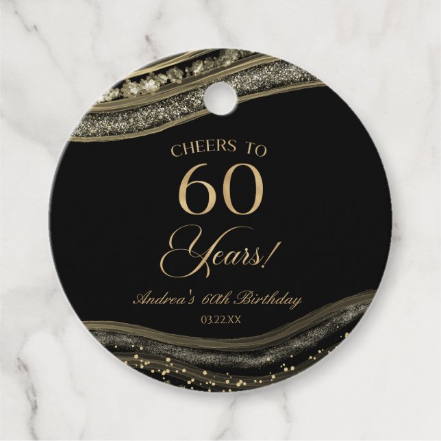 Elegant Black Guld Agate 60:e Födelsedagsfesten Gåvor Etiketter (Framsida)