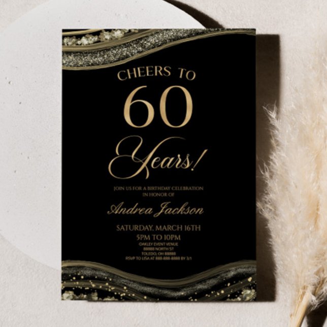 Elegant Black Guld Agate 60:e Födelsedagsfesten Inbjudningar (Skapare uppladdad)