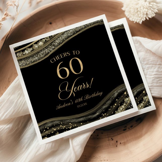 Elegant Black Guld Agate 60:e Födelsedagsfesten Pappersservett (Skapare uppladdad)
