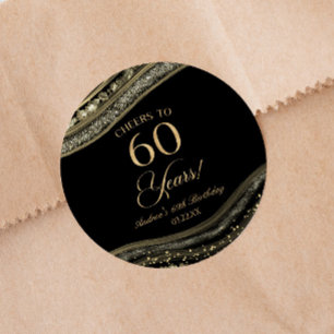 Elegant Black Guld Agate 60:e Födelsedagsfesten Runt Klistermärke