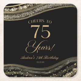 Elegant Black Guld Agate 75:e Födelsedagsfest Underlägg Papper Kvadrat