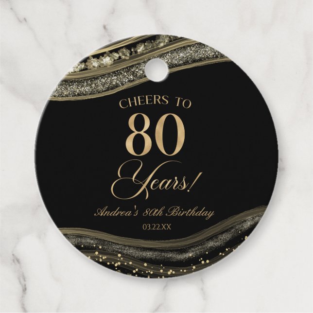 Elegant Black Guld Agate 80:e Födelsedagsfesten Gåvor Etiketter (Framsida)