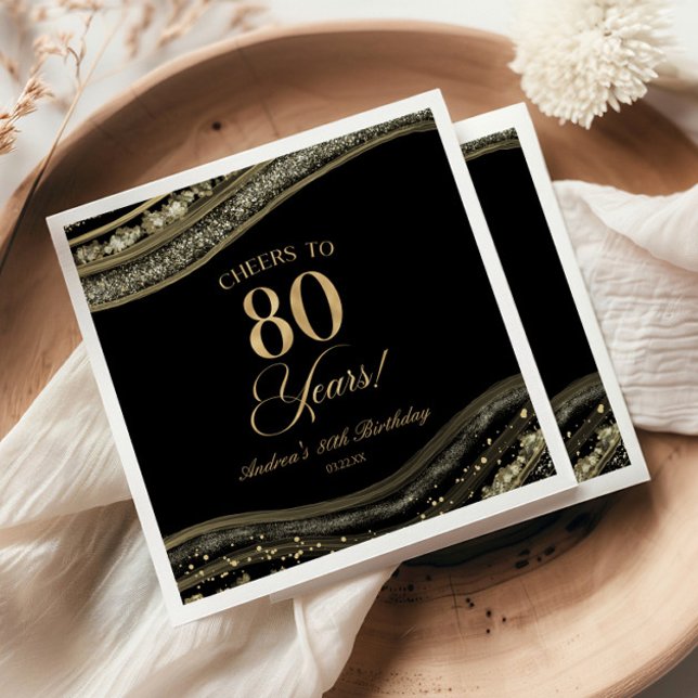Elegant Black Guld Agate 80:e Födelsedagsfesten Pappersservett (Skapare uppladdad)