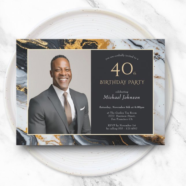 Elegant Black Guld Agate Photo 40:e födelsedagen Inbjudningar (Elegant Black Gold Agate Photo 40th Birthday Invitation)