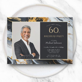 Elegant Black Guld Agate Photo 60 Birthday Inbjudningar