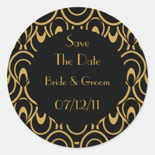 Elegant Black & Guld Art Deco Save Date Sälar Runt Klistermärke