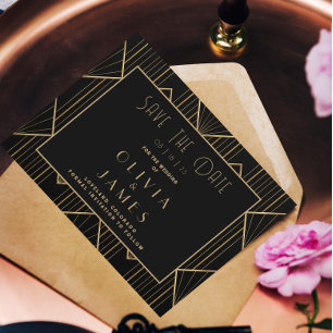 Elegant Black & Guld Art Deco Underbar Gatsby Bröl Spara Datumet