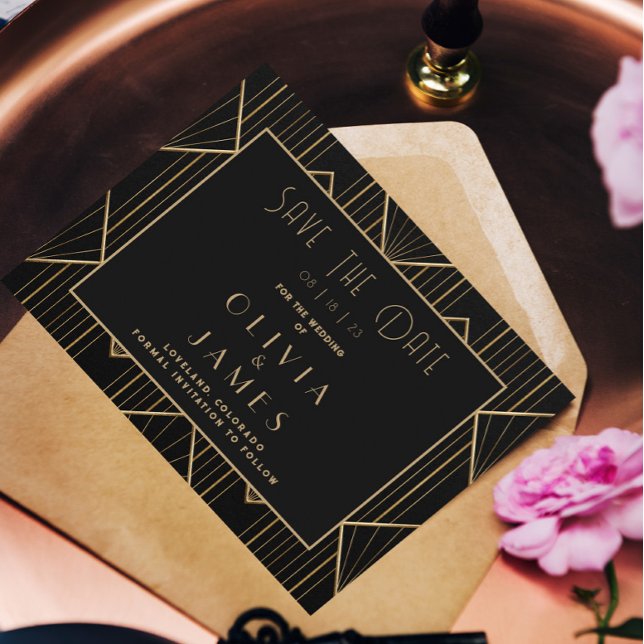 Elegant Black & Guld Art Deco Underbar Gatsby Bröl Spara Datumet (Skapare uppladdad)