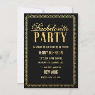 Elegant Black Guld Bachelorette Party Inbjudan
