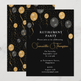 Elegant Black & Guld Balloons Pension Party Inbjudningar