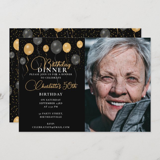 Elegant Black & Guld Balloons Photo Födelsedagsfes Inbjudningar (Fram/baksida)
