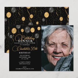 Elegant Black & Guld Balloons Photo Födelsedagsfes Inbjudningar