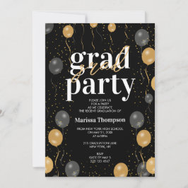 Elegant Black & Guld Balloons Studenten Inbjudningar