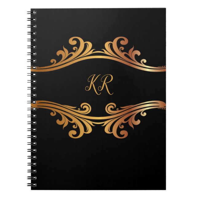 Elegant Black Guld-banderolldesign, monogrammad Anteckningsbok (Framsidan)