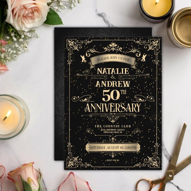 Elegant Black & Guld Baroque 50-årsdagen Inbjudningar (Skapare uppladdad)