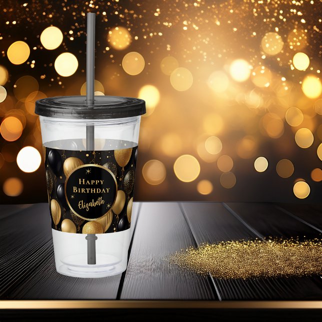 Elegant Black Guld Birthday Balloons Mönster Take Away Mugg (Elegant Black Gold-Tone Faux Glitter Balloons Pattern "Happy Birthday" Party Acrylic Tumbler)