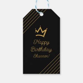 Elegant Black Guld Birthday Krona Presentetikett