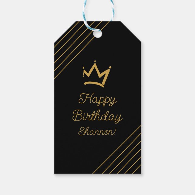 Elegant Black Guld Birthday Krona Presentetikett (Framsidan)