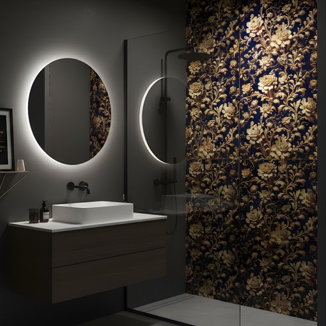 Elegant Black & Guld Blommigt Baroque Ceramic Tile Kakelplatta (Skapare uppladdad)