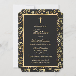 Elegant Black Guld Blommigt Boy Baptism Inbjudningar
