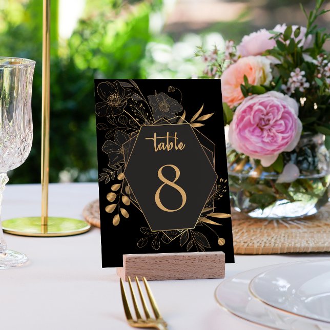 Elegant Black & Guld Blommigt Bröllop Bordsnummer (Elegant Black & Gold Floral Wedding Table card)