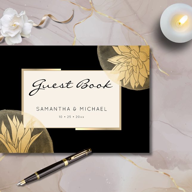 Elegant Black Guld Blommigt Bröllop Gästböcker (Skapare uppladdad)
