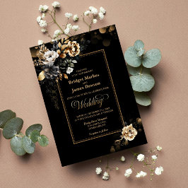 Elegant Black Guld Blommigt Bröllop Inbjudningar
