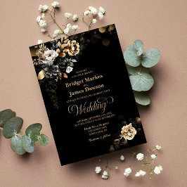 Elegant Black Guld Blommigt Bröllop Inbjudningar