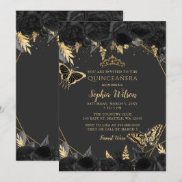 Elegant Black Guld Blommigt Butterfly Quinceañera Inbjudningar
