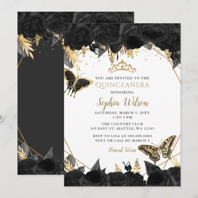 Elegant Black Guld Blommigt Butterfly Quinceañera Inbjudningar (Fram/baksida)